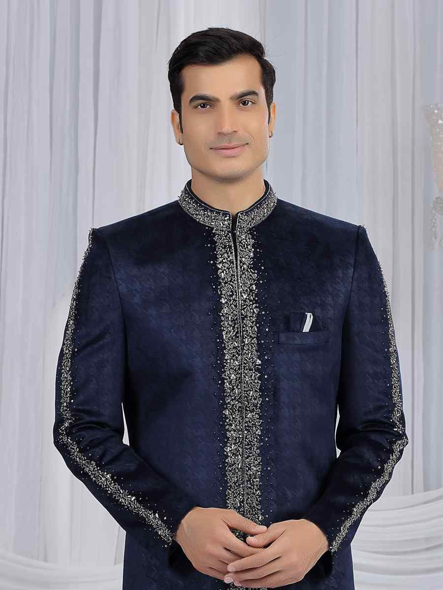 Navy Blue Valvet Embroidered Festival Wedding Mens Sherwani