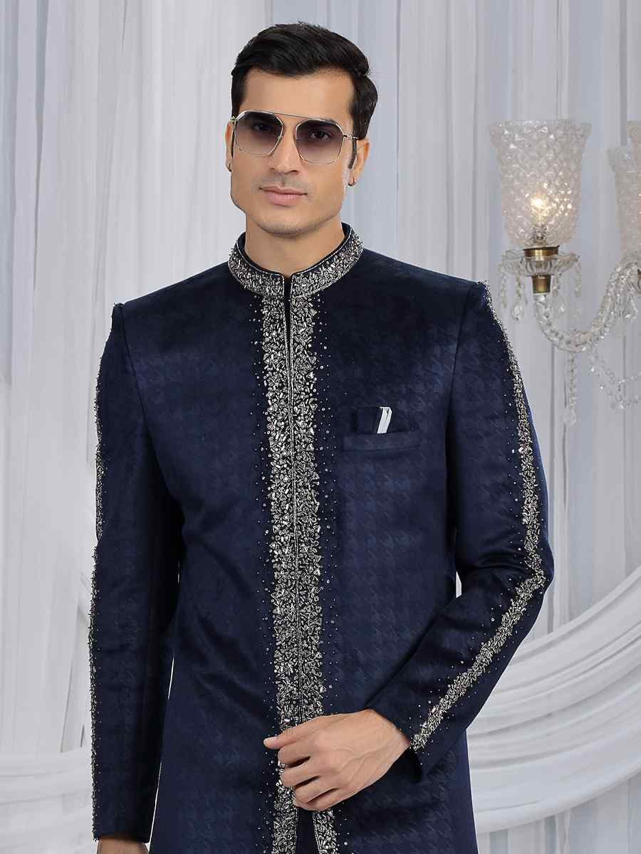 Navy Blue Valvet Embroidered Festival Wedding Mens Sherwani