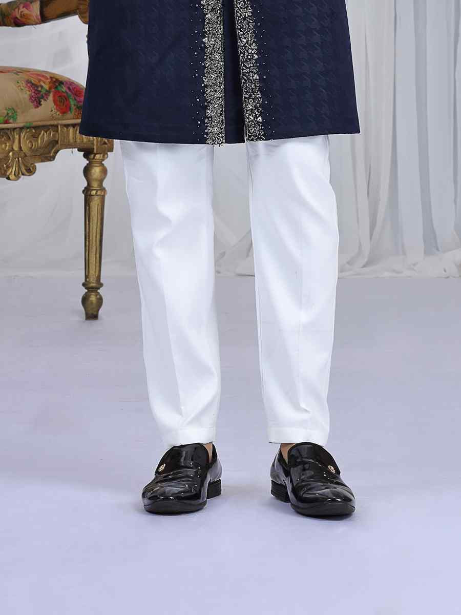 Navy Blue Valvet Embroidered Festival Wedding Mens Sherwani