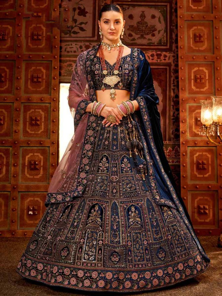 Navy Blue Velvet Embroidered Bridal Reception Heavy Border Lehenga Choli