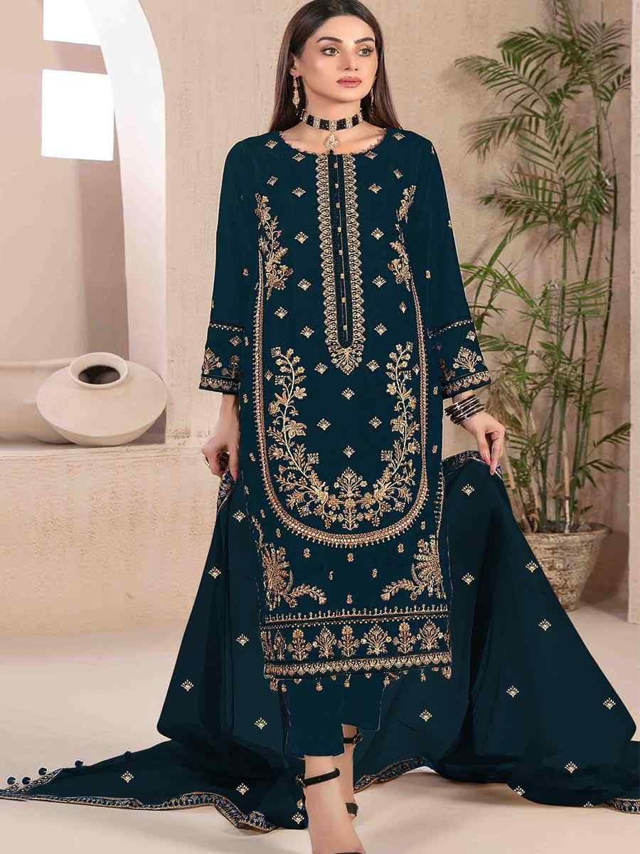 Navy Blue Velvet Embroidered Festival Wedding Pant Salwar Kameez