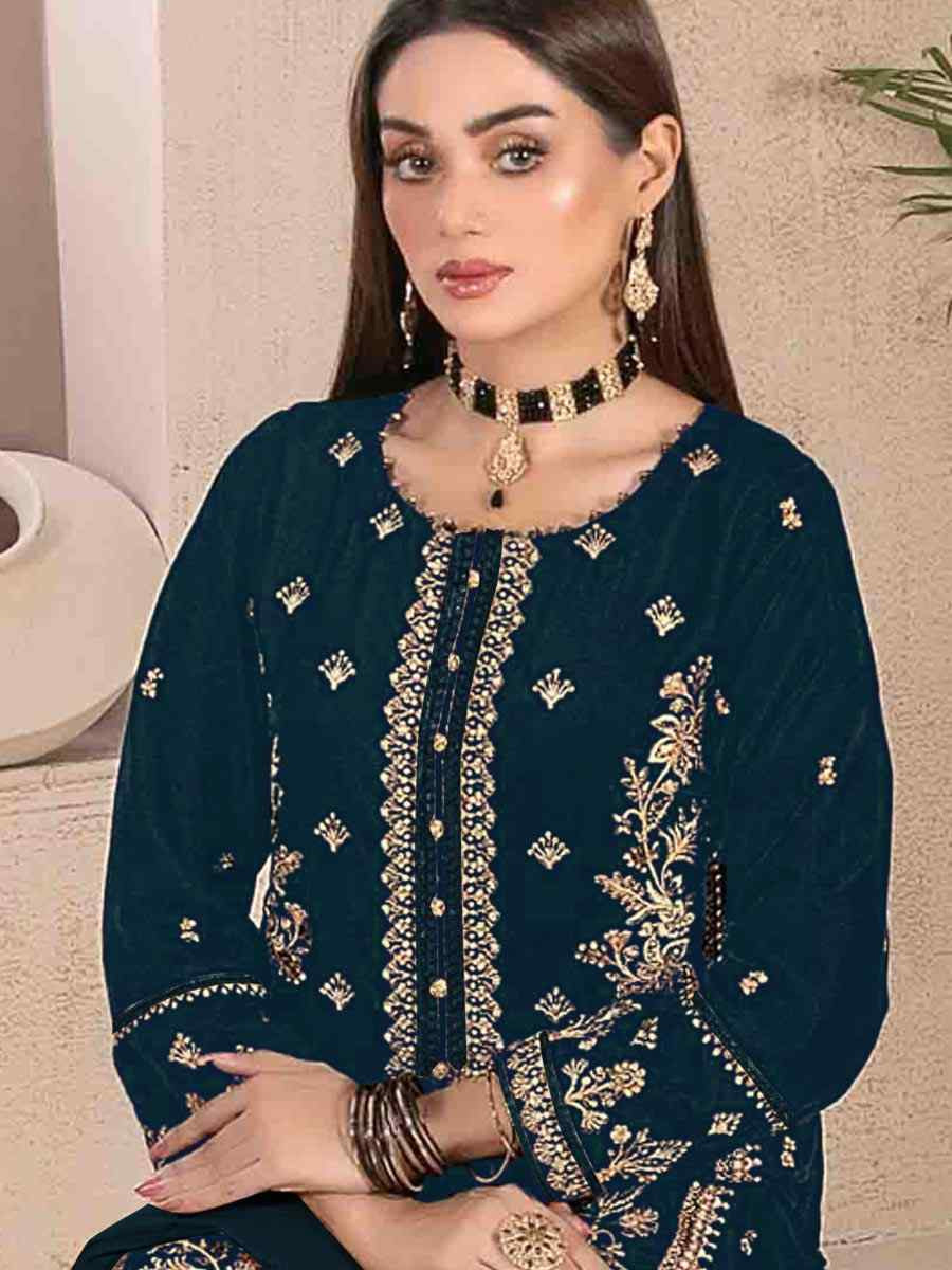 Navy Blue Velvet Embroidered Festival Wedding Pant Salwar Kameez
