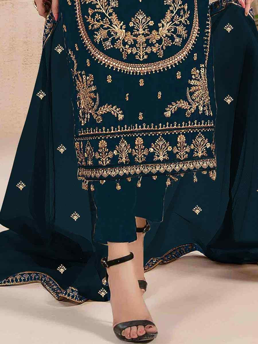 Navy Blue Velvet Embroidered Festival Wedding Pant Salwar Kameez