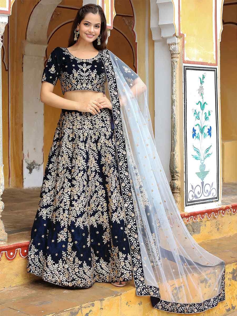 Navy Blue Velvet Embroidered Festival Wedding Party Reception Heavy Border Lehenga Choli
