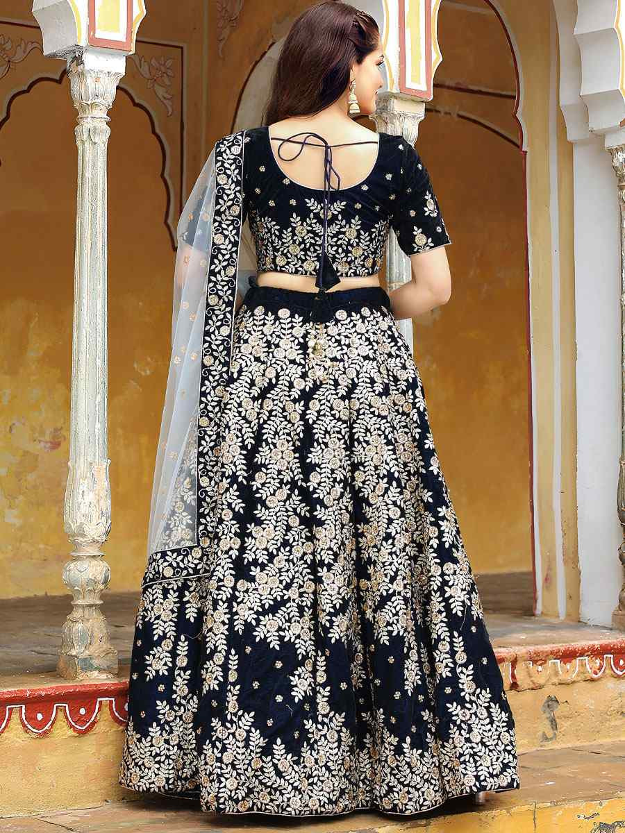 Navy Blue Velvet Embroidered Festival Wedding Party Reception Heavy Border Lehenga Choli