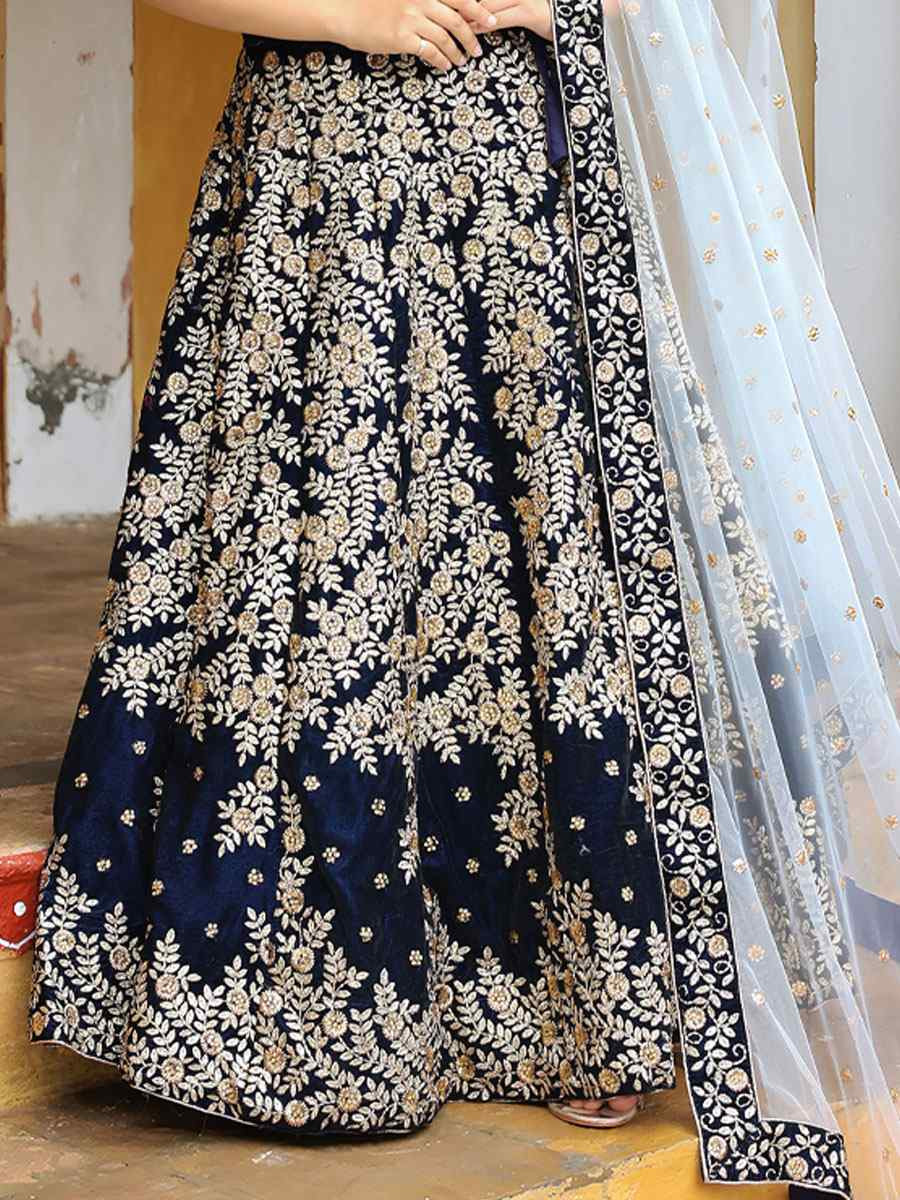 Navy Blue Velvet Embroidered Festival Wedding Party Reception Heavy Border Lehenga Choli