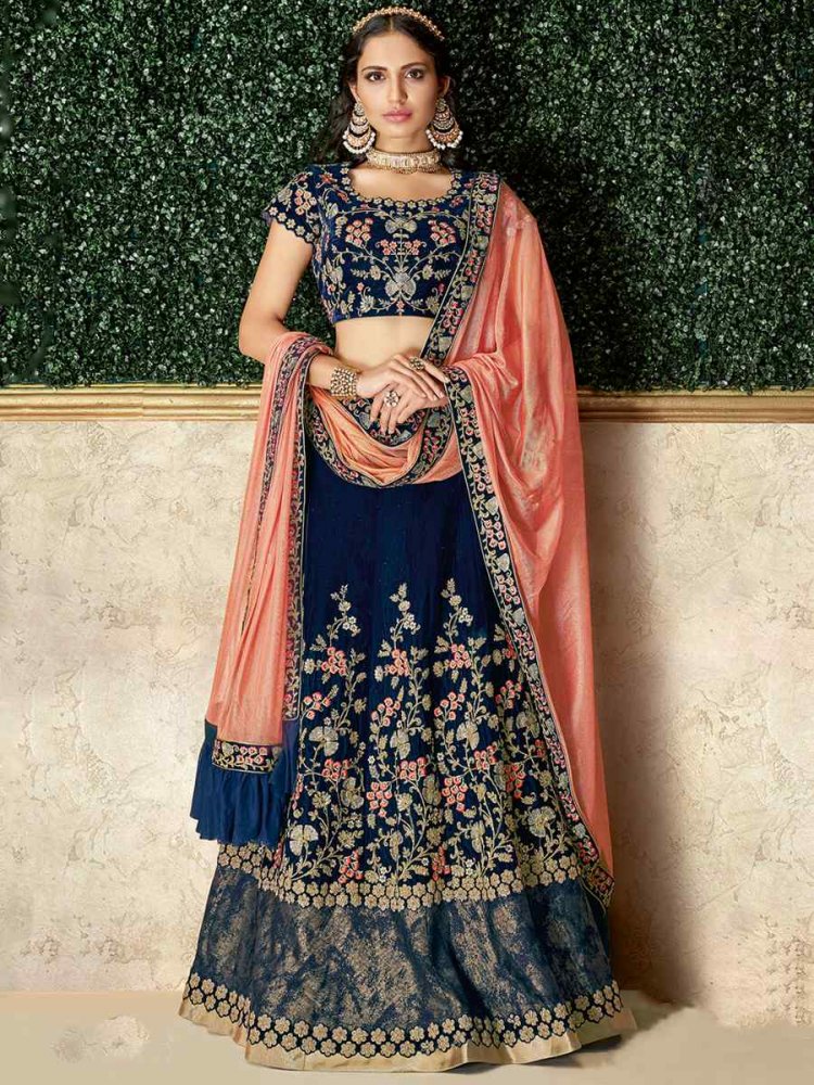 Navy Blue Velvet Embroidered Reception Party Wear Heavy Border Lehenga Choli