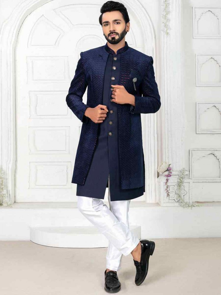 Navy Blue Velvet Embroidered Wedding Groom Sherwani