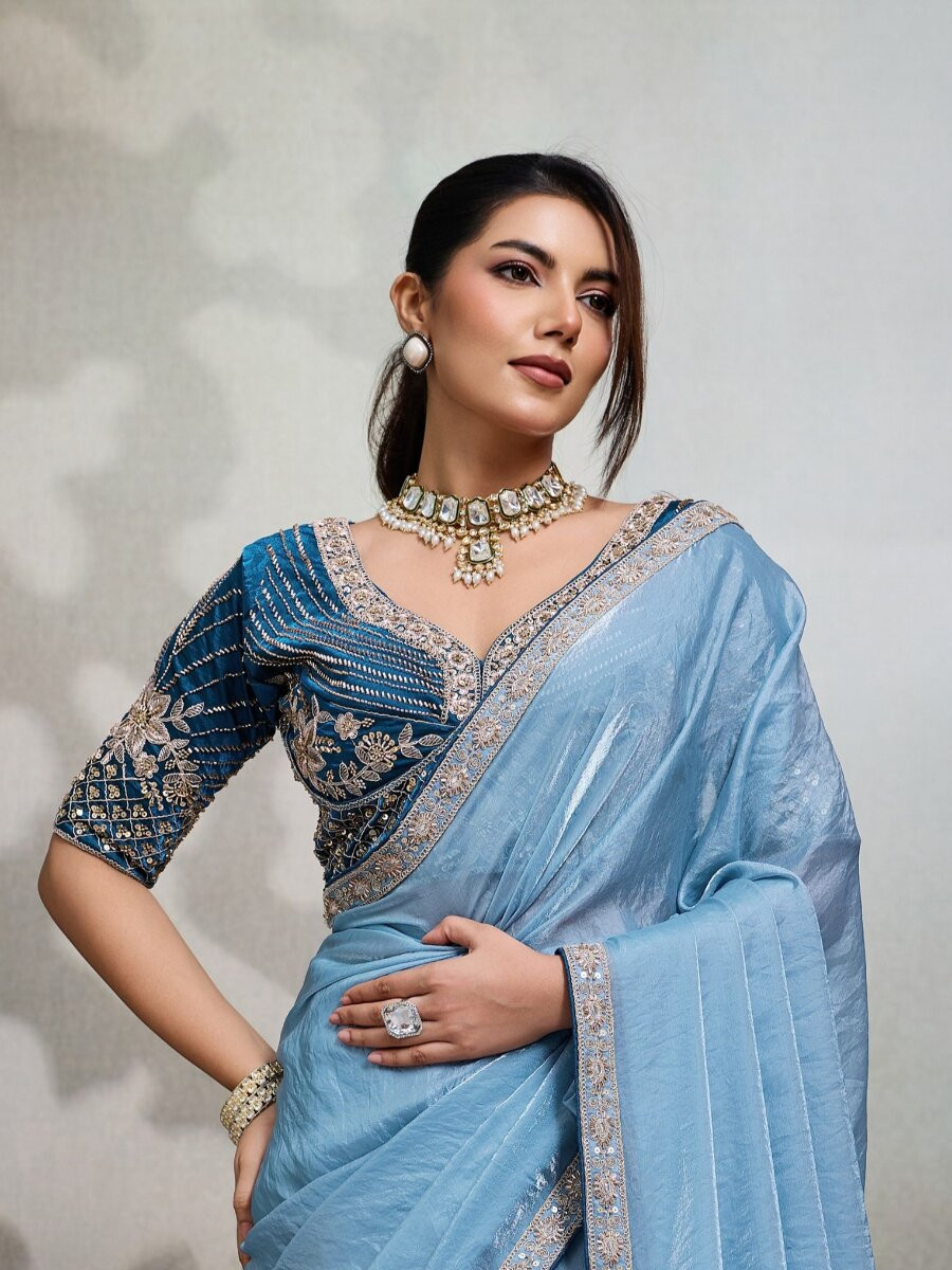 Navy Blue Velvet Satin Embroidery Sequins Zari Wedding Reception Party Festival Casual Heavy Border Sarees