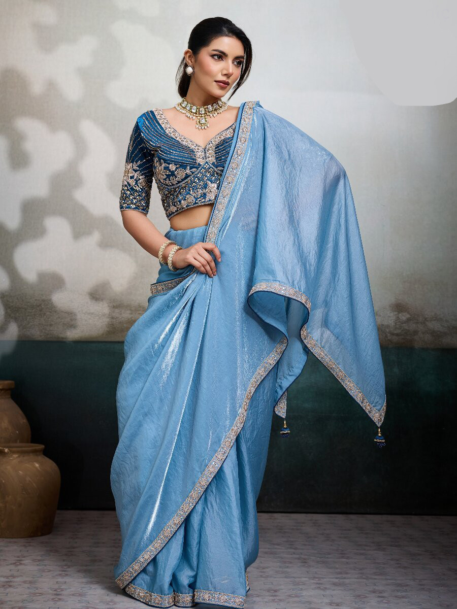 Navy Blue Velvet Satin Embroidery Sequins Zari Wedding Reception Party Festival Casual Heavy Border Sarees