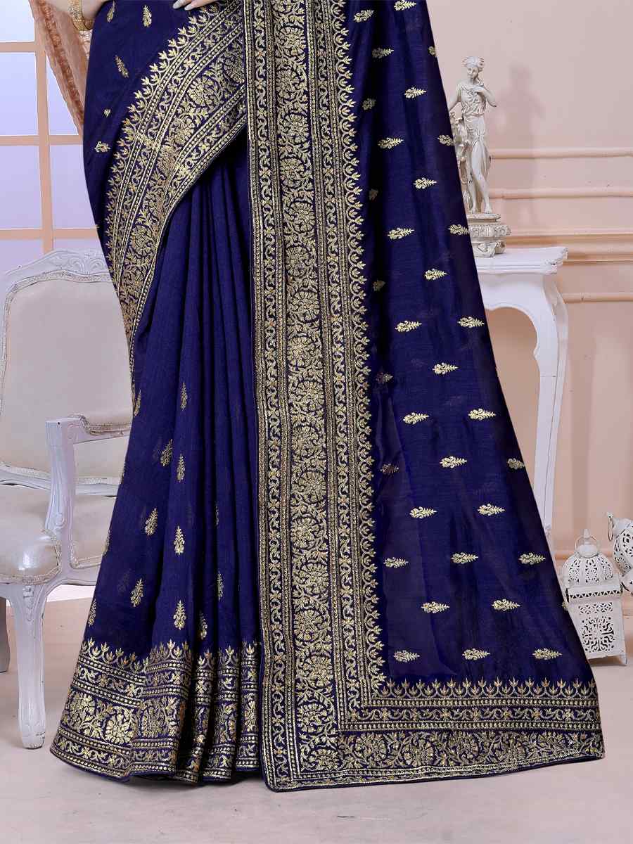 Navy Blue Vichitra Blooming Silk Embroidered Wedding Festival Heavy Border Saree