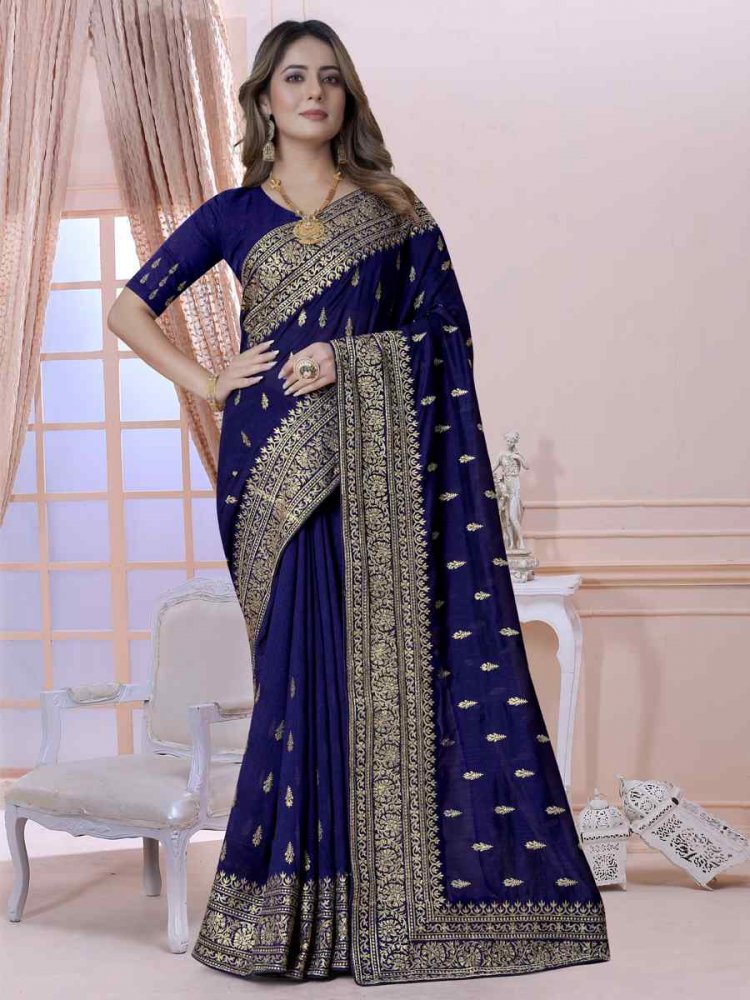 Navy Blue Vichitra Blooming Silk Embroidered Wedding Festival Heavy Border Saree