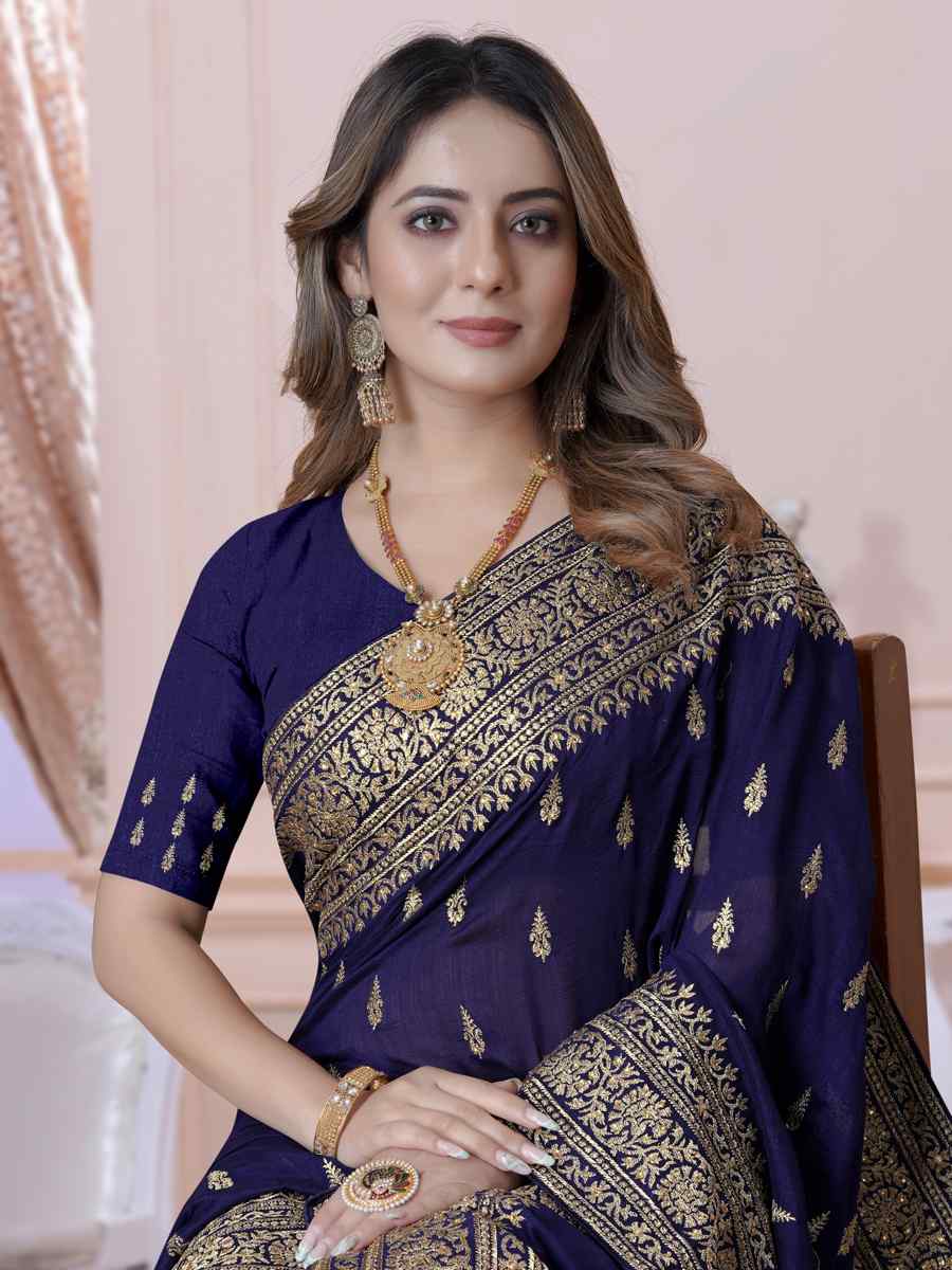 Navy Blue Vichitra Blooming Silk Embroidered Wedding Festival Heavy Border Saree