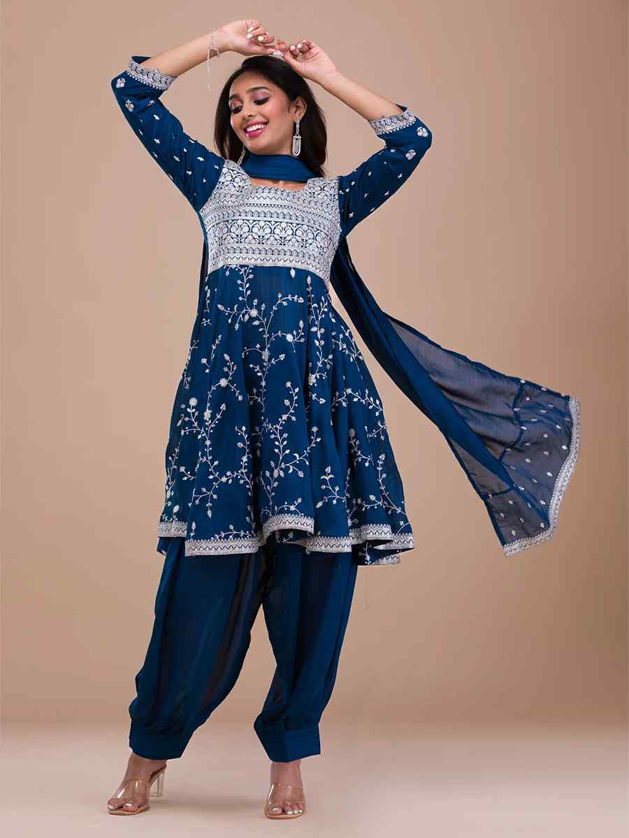 Navy Blue Vichitra Silk Embroidered Festival Mehendi Ready Patiala Salwar Kameez