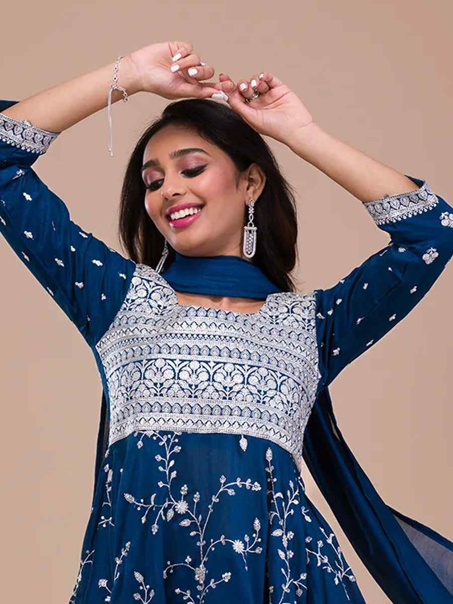 Navy Blue Vichitra Silk Embroidered Festival Mehendi Ready Patiala Salwar Kameez