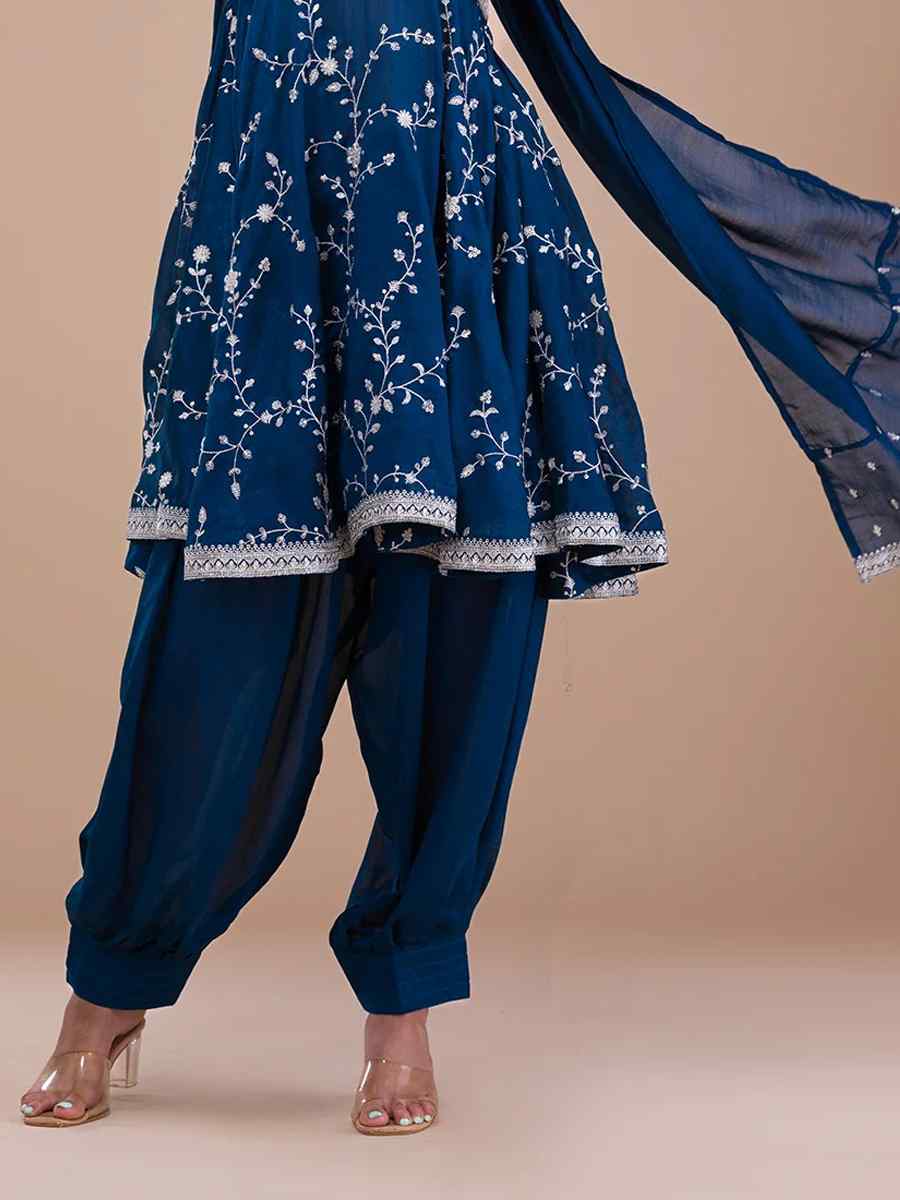 Navy Blue Vichitra Silk Embroidered Festival Mehendi Ready Patiala Salwar Kameez