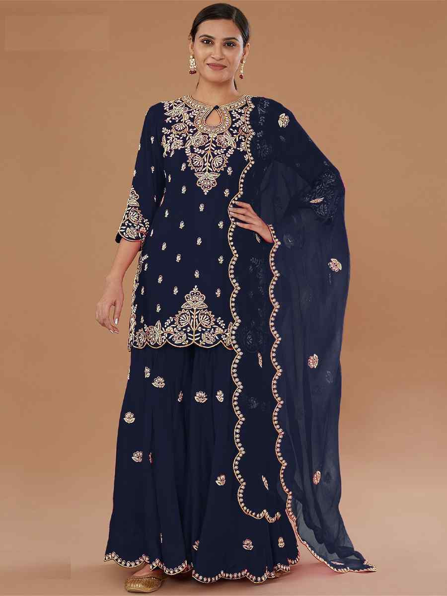 Navy Blue Vichitra Silk Embroidered Festival Wedding Palazzo Pant Salwar Kameez