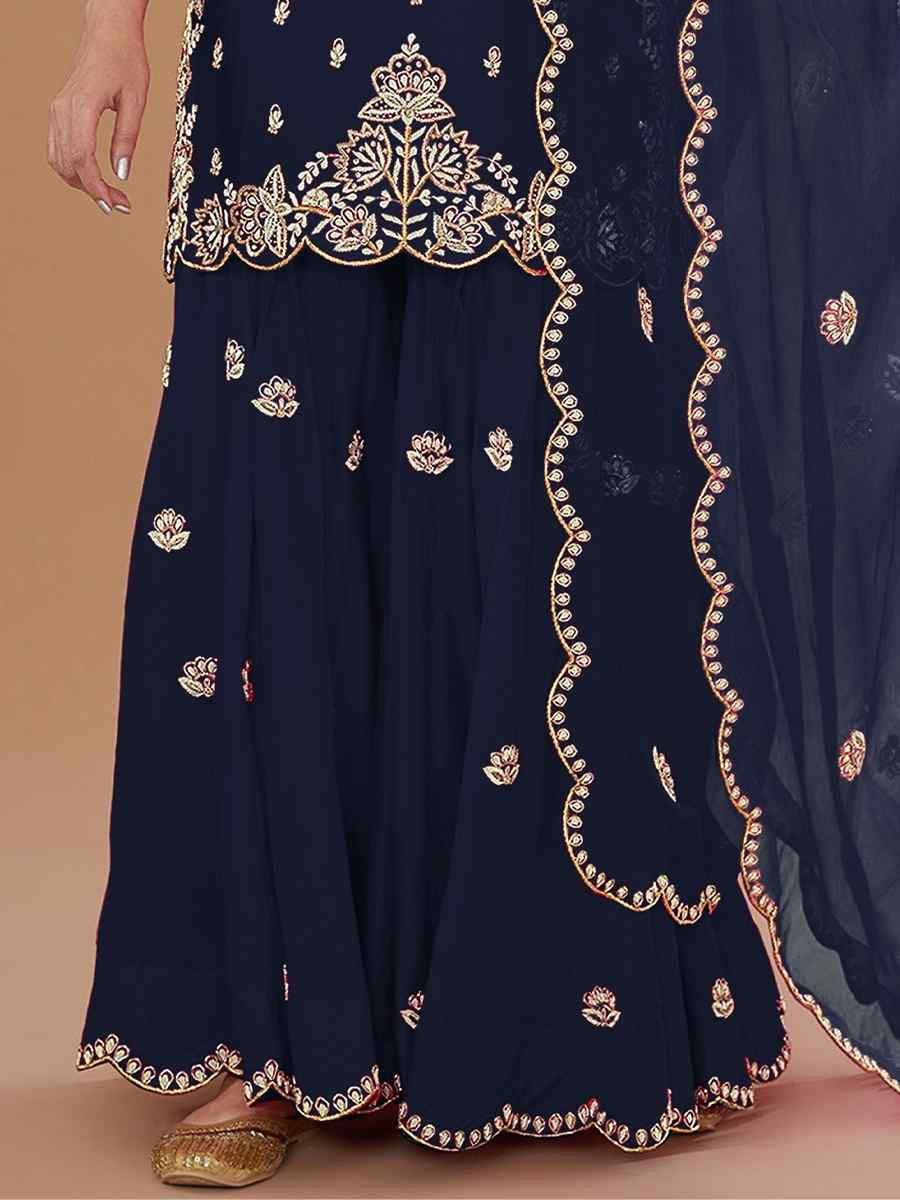 Navy Blue Vichitra Silk Embroidered Festival Wedding Palazzo Pant Salwar Kameez