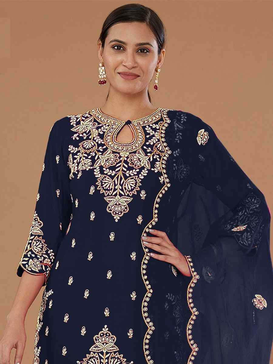 Navy Blue Vichitra Silk Embroidered Festival Wedding Palazzo Pant Salwar Kameez