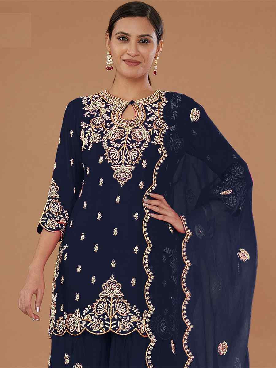 Navy Blue Vichitra Silk Embroidered Festival Wedding Palazzo Pant Salwar Kameez