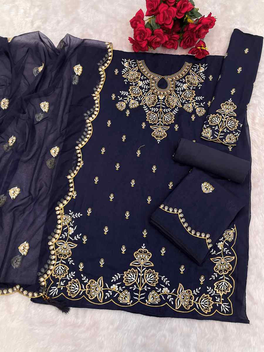 Navy Blue Vichitra Silk Embroidered Festival Wedding Palazzo Pant Salwar Kameez
