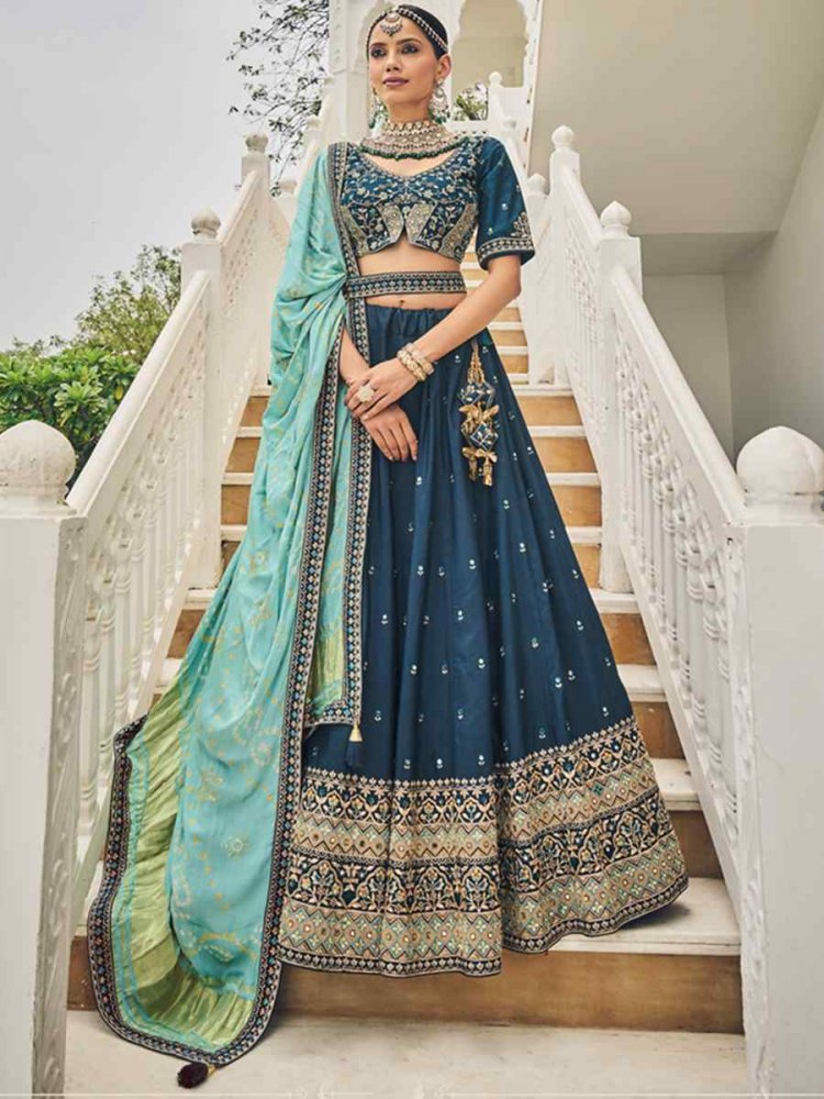 Navy Blue Viscose Embroidered Reception Party Wear Heavy Border Lehenga Choli
