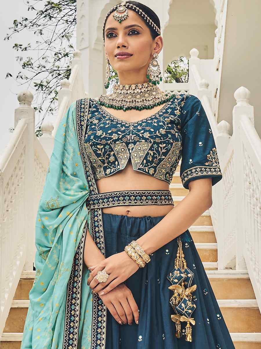 Navy Blue Viscose Embroidered Reception Party Wear Heavy Border Lehenga Choli