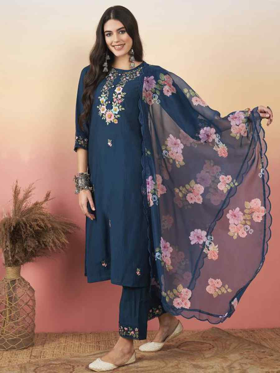 Navy Blue Viscose Jacquard Embroidered Festival Casual Ready Pant Salwar Kameez