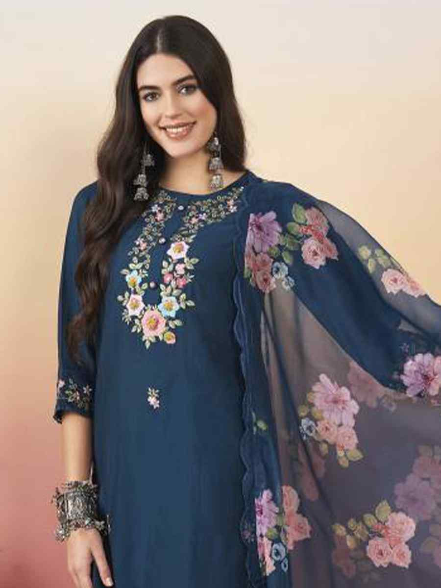 Navy Blue Viscose Jacquard Embroidered Festival Casual Ready Pant Salwar Kameez