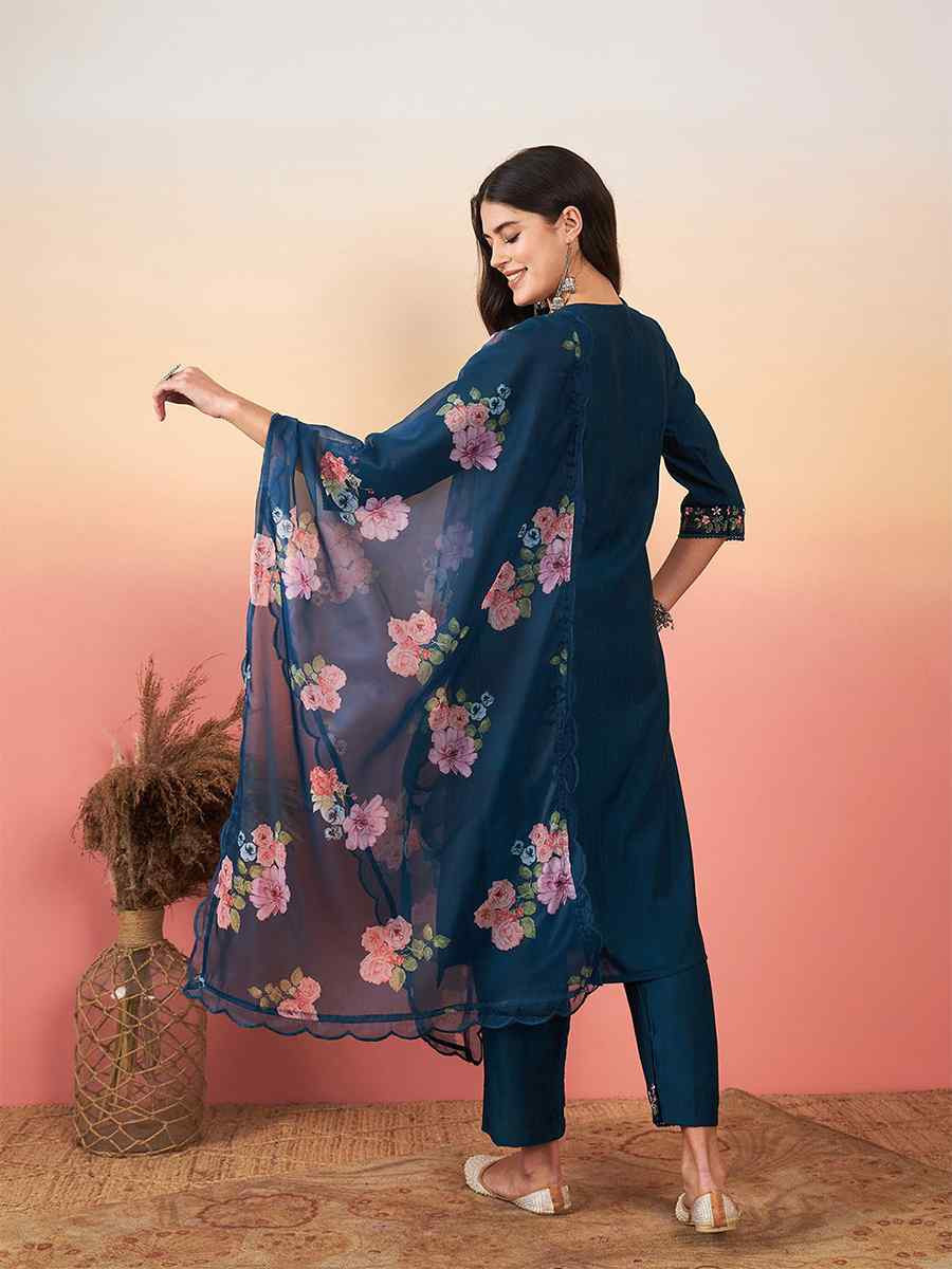 Navy Blue Viscose Jacquard Embroidered Festival Casual Ready Pant Salwar Kameez