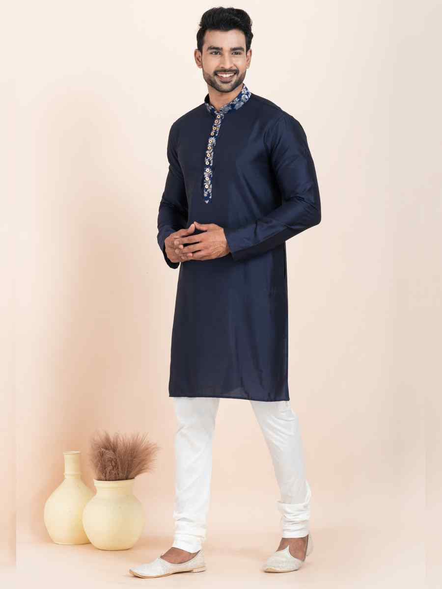 Navy Blue Viscose Printed Festival Wedding Kurta Pyjama Men039s Wear