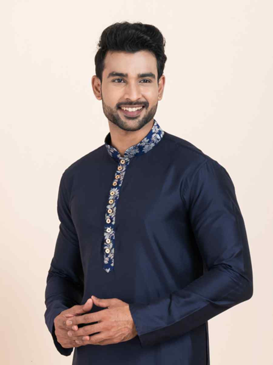 Navy Blue Viscose Printed Festival Wedding Kurta Pyjama Men039s Wear