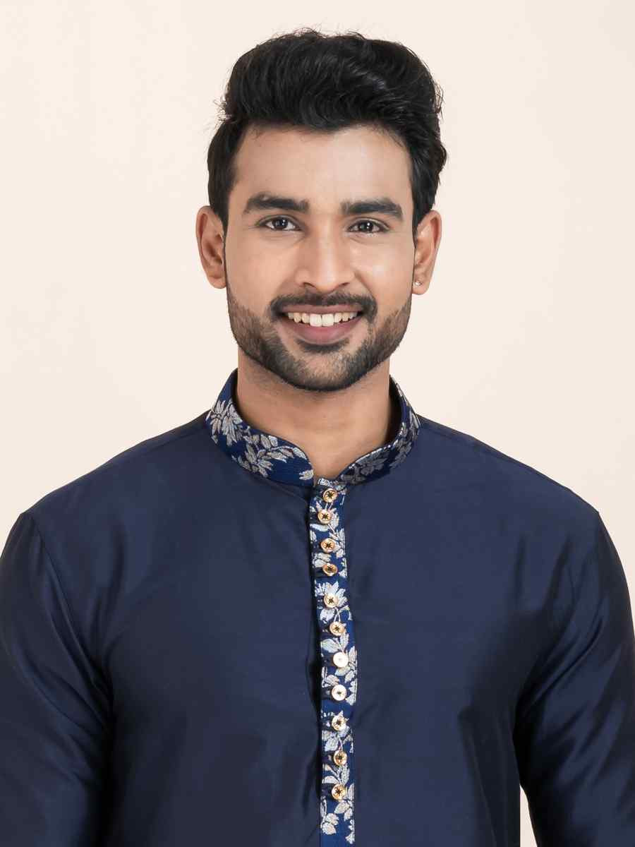 Navy Blue Viscose Printed Festival Wedding Kurta Pyjama Men039s Wear