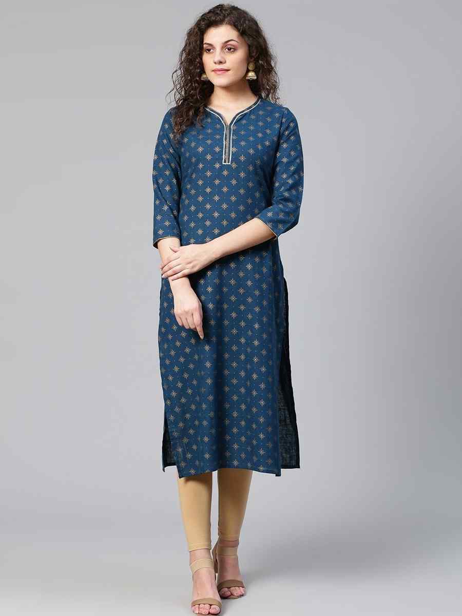 Navy Blue Viscose Rayon Printed Festival Casual Kurti