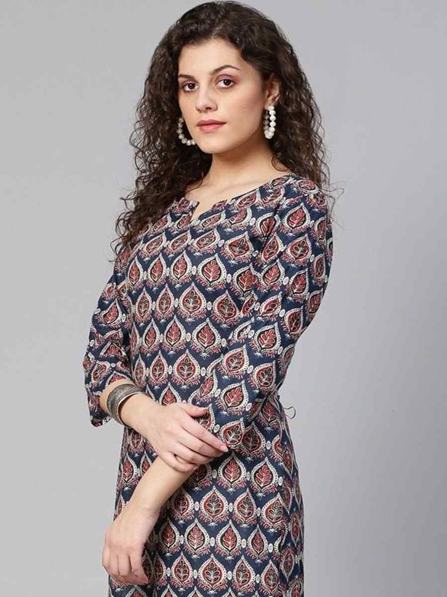 Navy Blue Viscose Rayon Printed Festival Casual Kurti