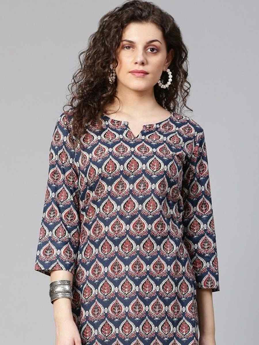 Navy Blue Viscose Rayon Printed Festival Casual Kurti