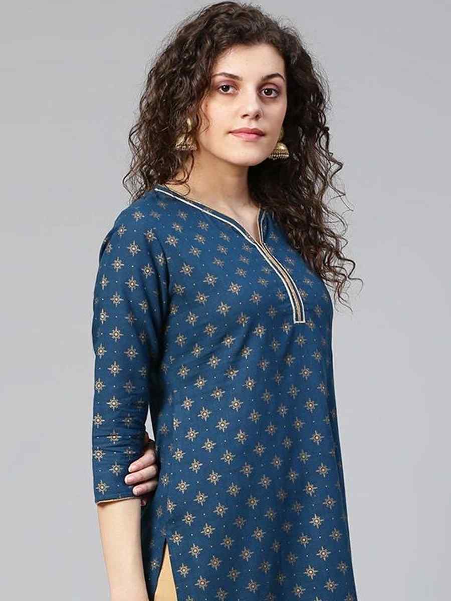 Navy Blue Viscose Rayon Printed Festival Casual Kurti