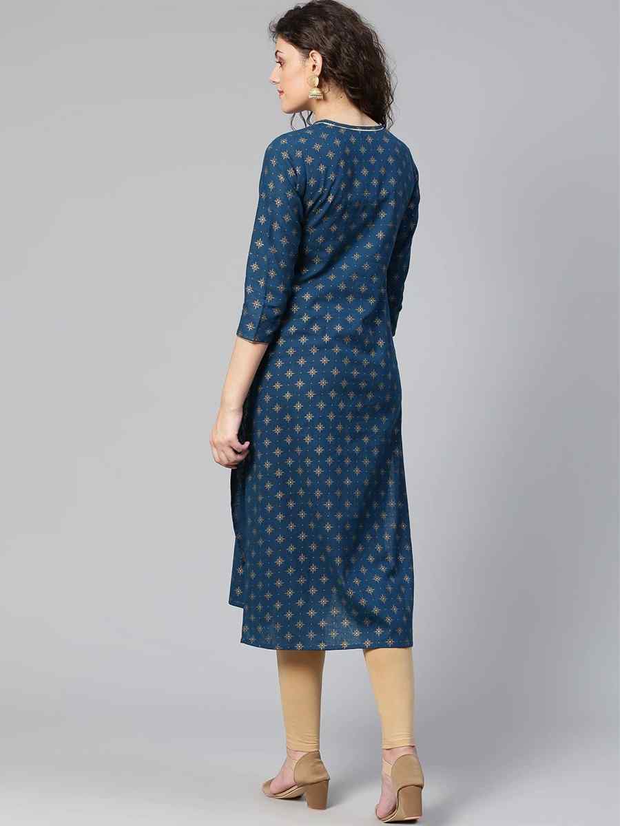 Navy Blue Viscose Rayon Printed Festival Casual Kurti