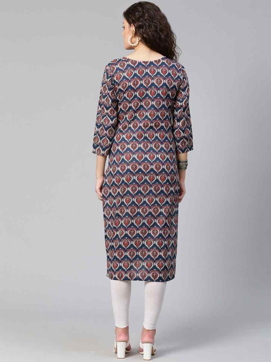 Navy Blue Viscose Rayon Printed Festival Casual Kurti