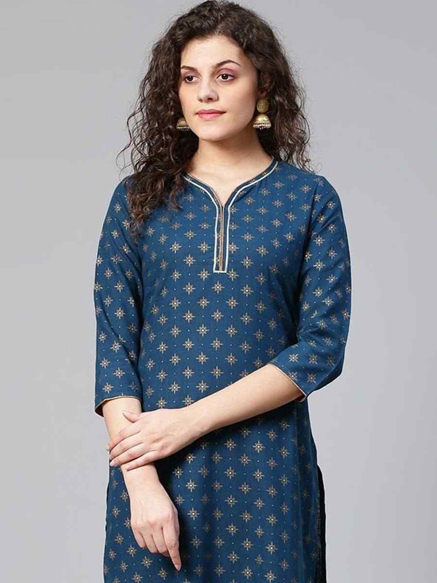 Navy Blue Viscose Rayon Printed Festival Casual Kurti