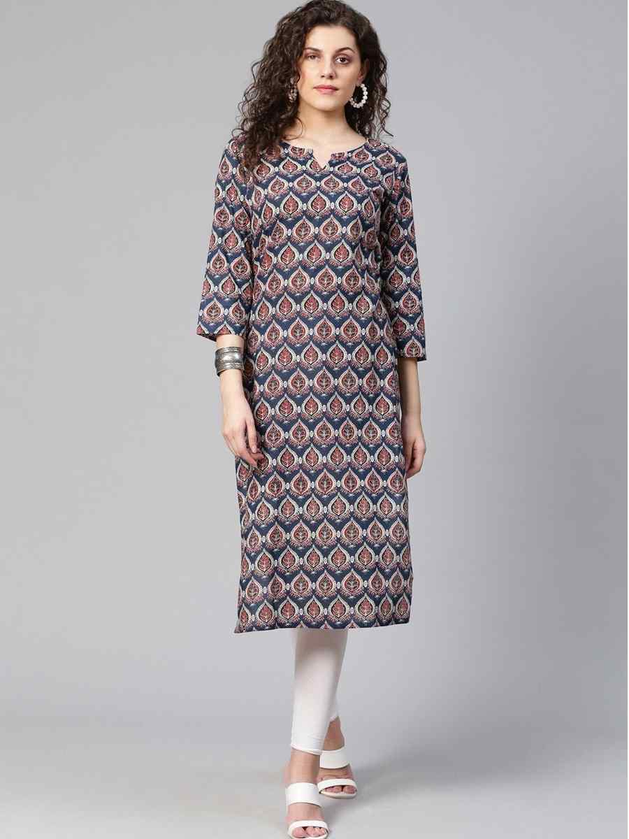 Navy Blue Viscose Rayon Printed Festival Casual Kurti
