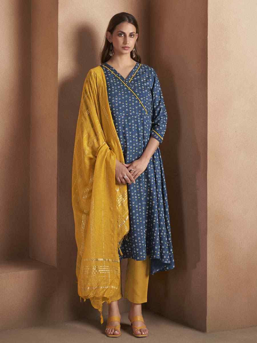 Navy Blue Viscose Rayon Printed Party Wedding Festival Casual Ready Pant Salwar Kameez