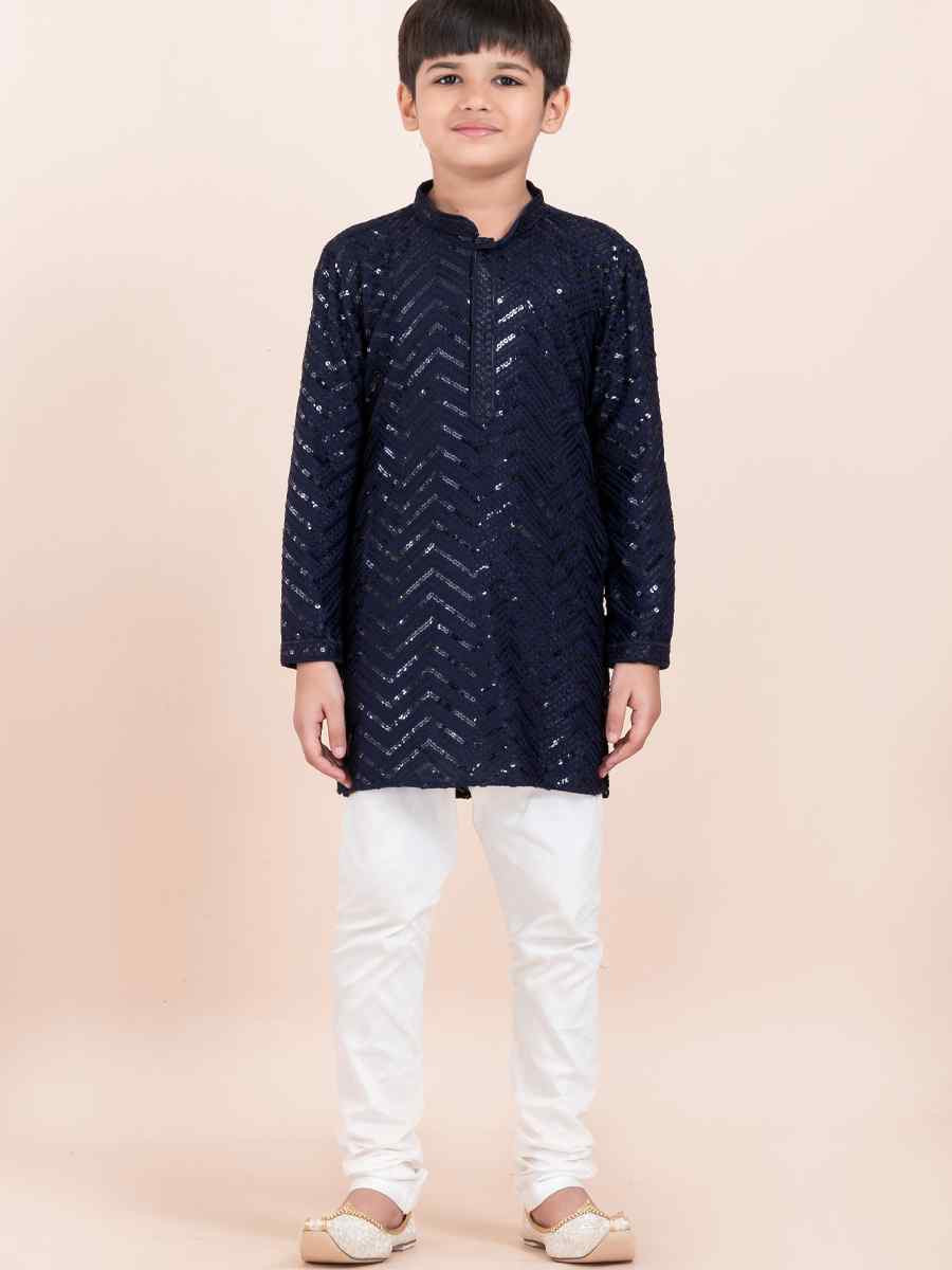Navy Blue Viscose RayonEmbroidered Festival Traditional Kurta Pyjama Boys Wear