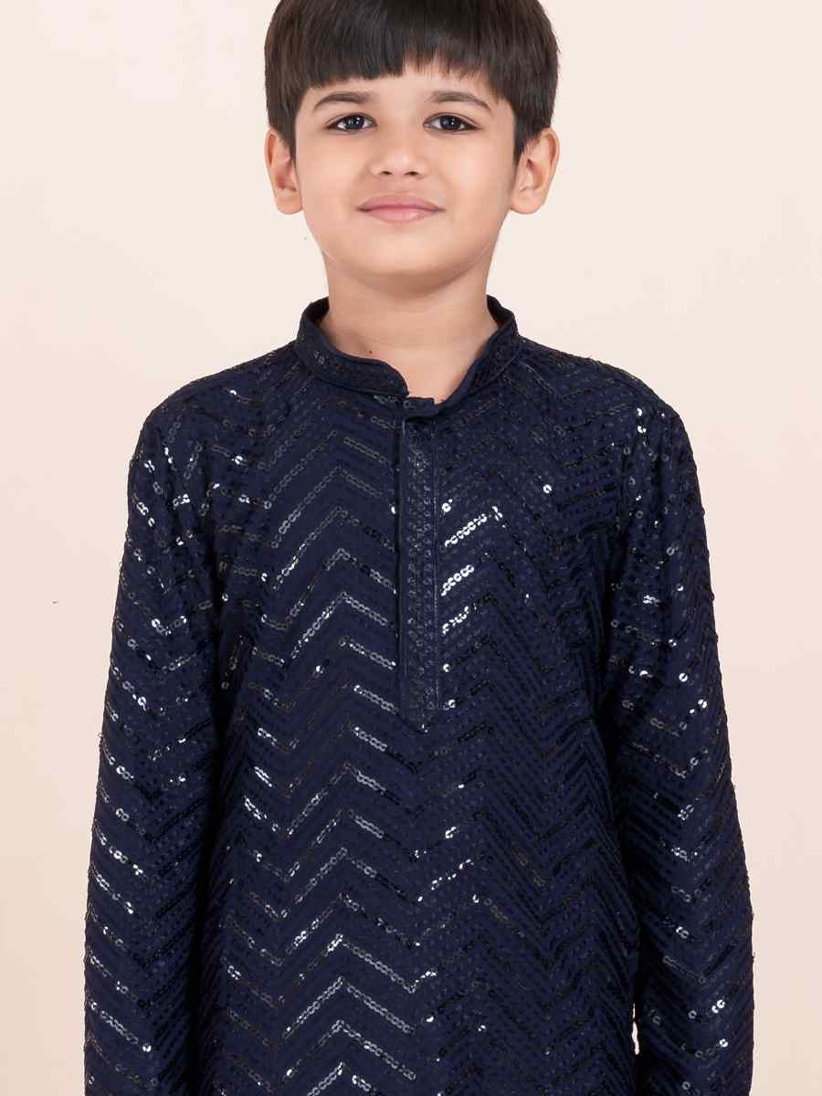 Navy Blue Viscose RayonEmbroidered Festival Traditional Kurta Pyjama Boys Wear