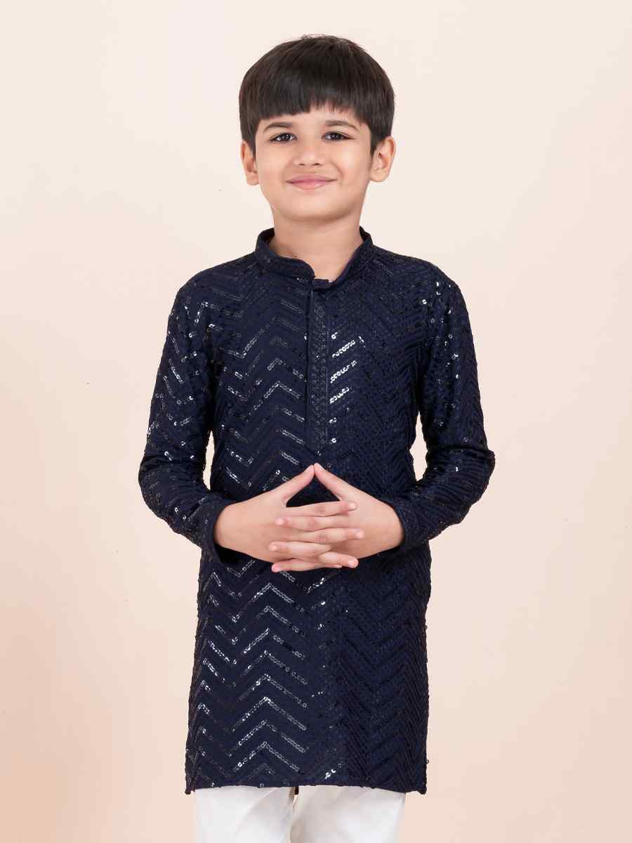 Navy Blue Viscose RayonEmbroidered Festival Traditional Kurta Pyjama Boys Wear