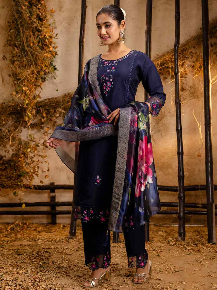 Navy Blue Viscose Roman Silk Embroidered Party Casual Ready Pant Salwar Kameez