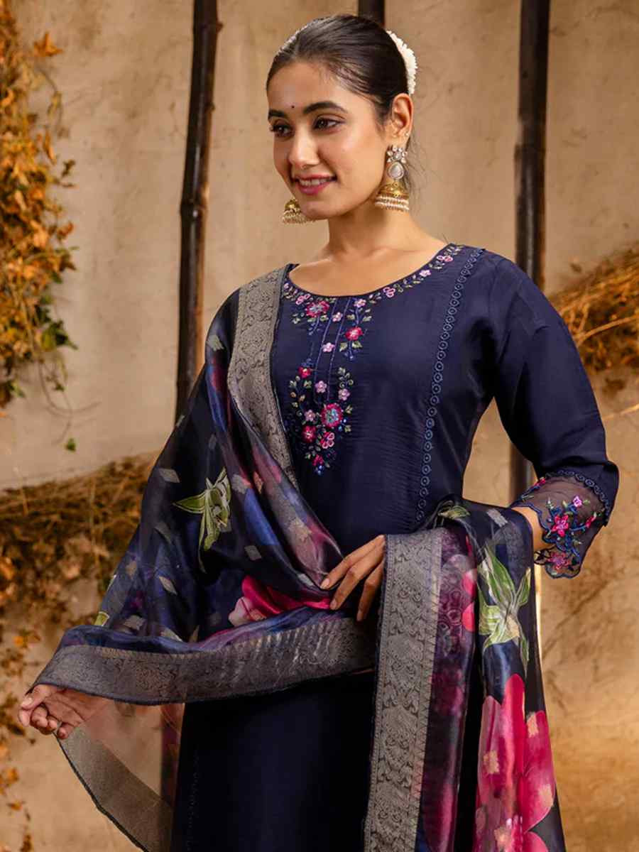 Navy Blue Viscose Roman Silk Embroidered Party Casual Ready Pant Salwar Kameez