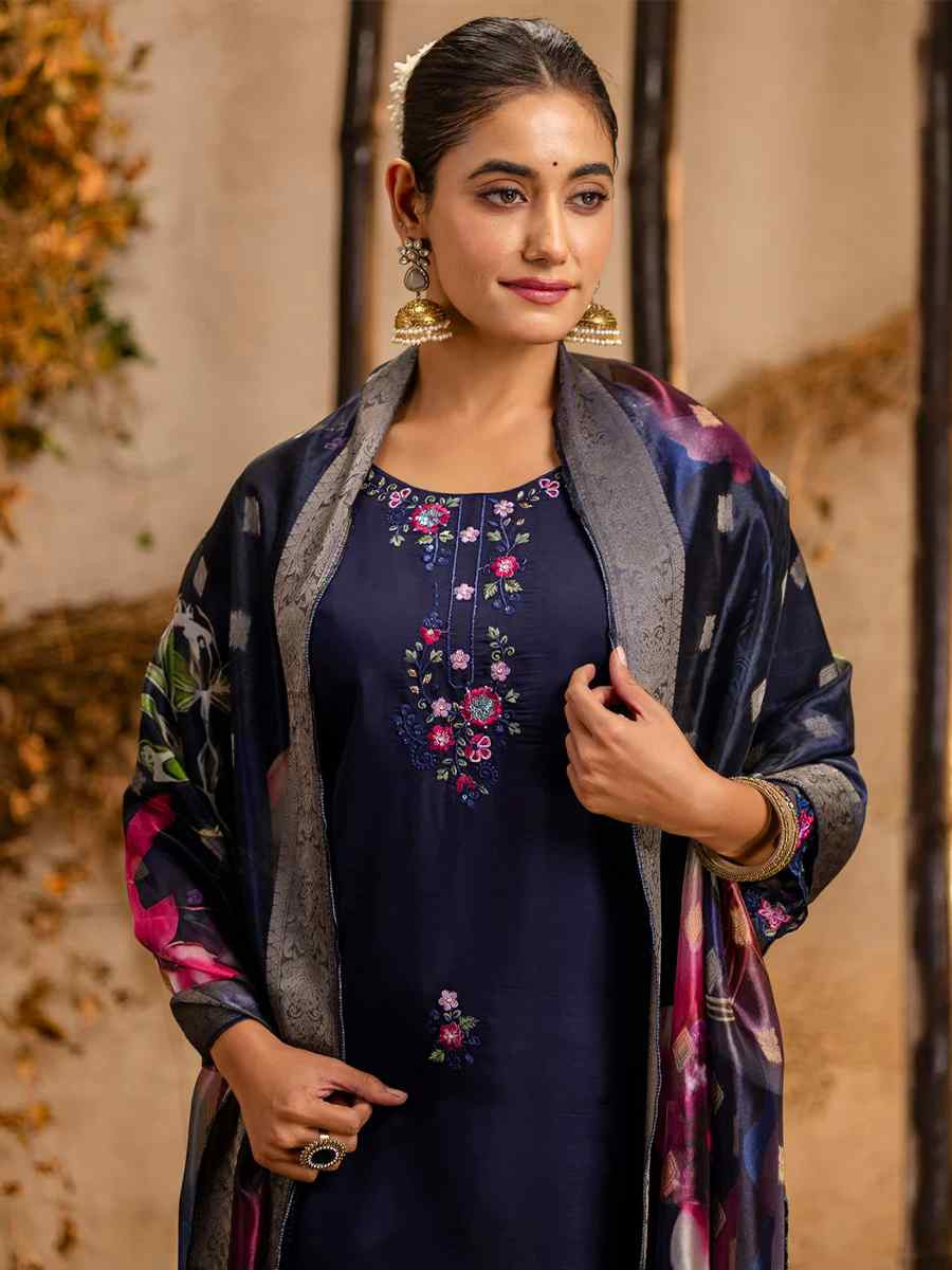 Navy Blue Viscose Roman Silk Embroidered Party Casual Ready Pant Salwar Kameez