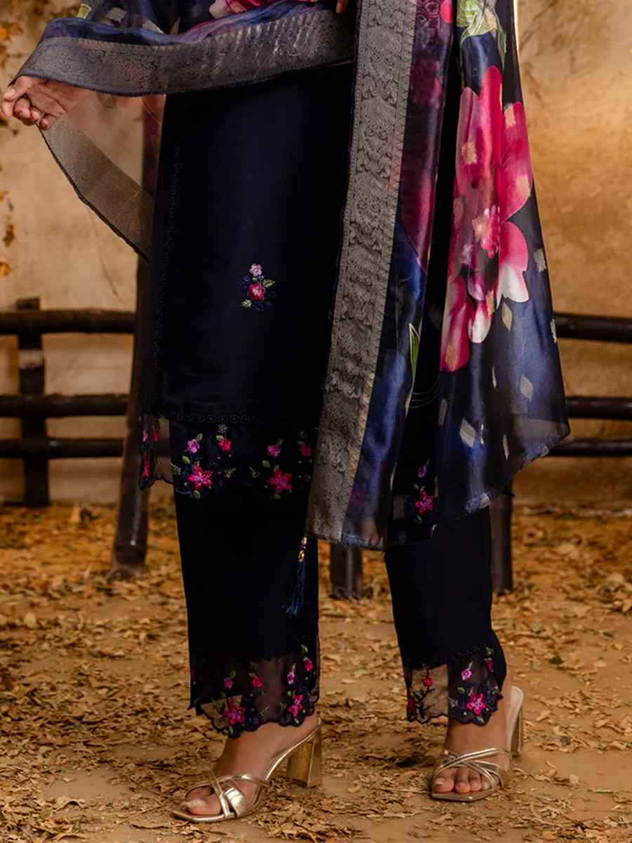 Navy Blue Viscose Roman Silk Embroidered Party Casual Ready Pant Salwar Kameez