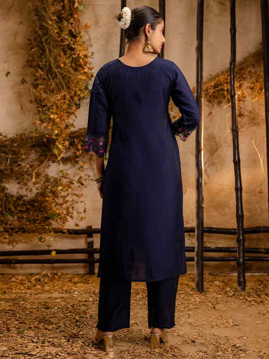 Navy Blue Viscose Roman Silk Embroidered Party Casual Ready Pant Salwar Kameez